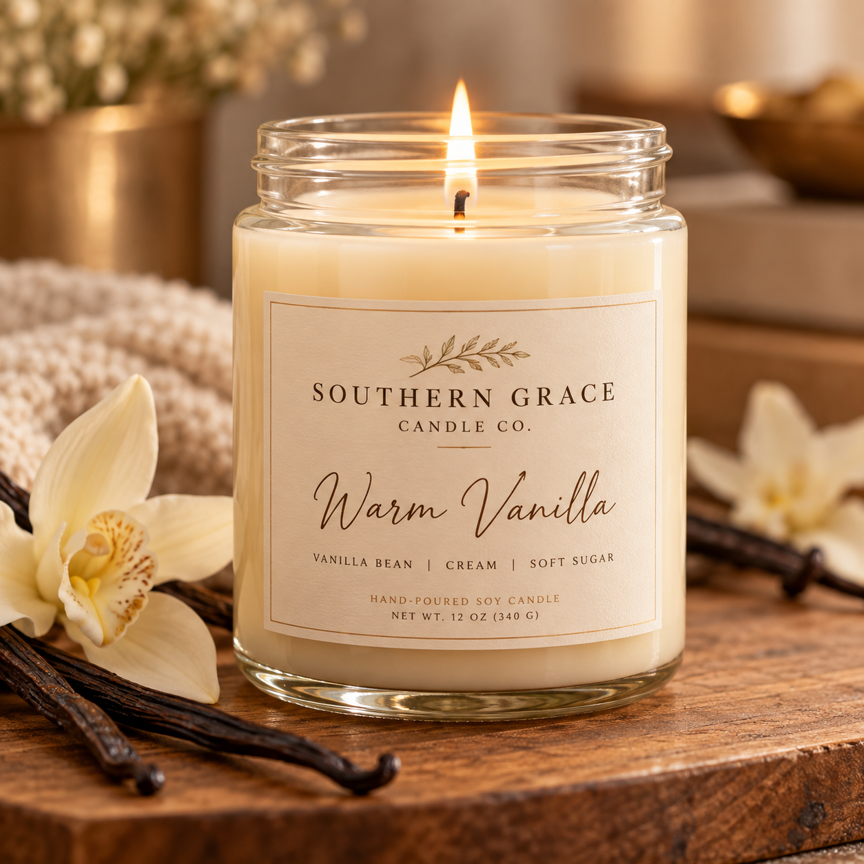 Warm Vanilla candle from Southern Grace Candle Co.